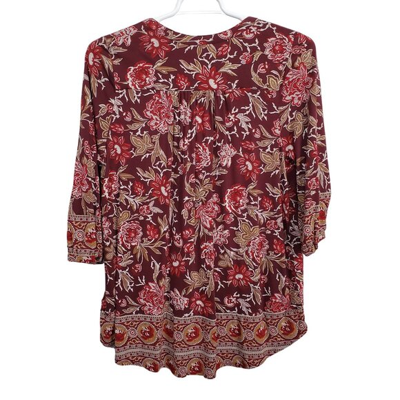 Lucky Brand Womens 1X Blouse Popover Burgundy Paisley Boho Tunic Top 3/4 Sleeve - Picture 3 of 11